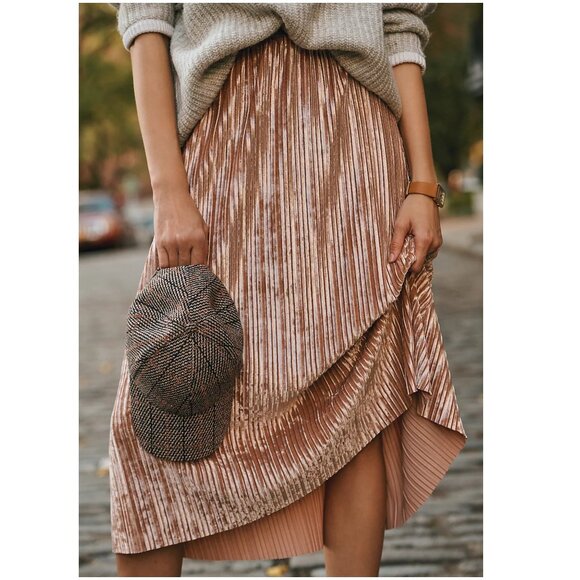Beyond Yoga Uptown Pleated Skirt champagne velvet XS midi rose gold CK5105 - Picture 3 of 10